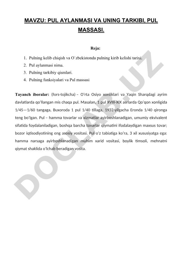 Pul aylanmasi va uning tarkibi, pul massasi