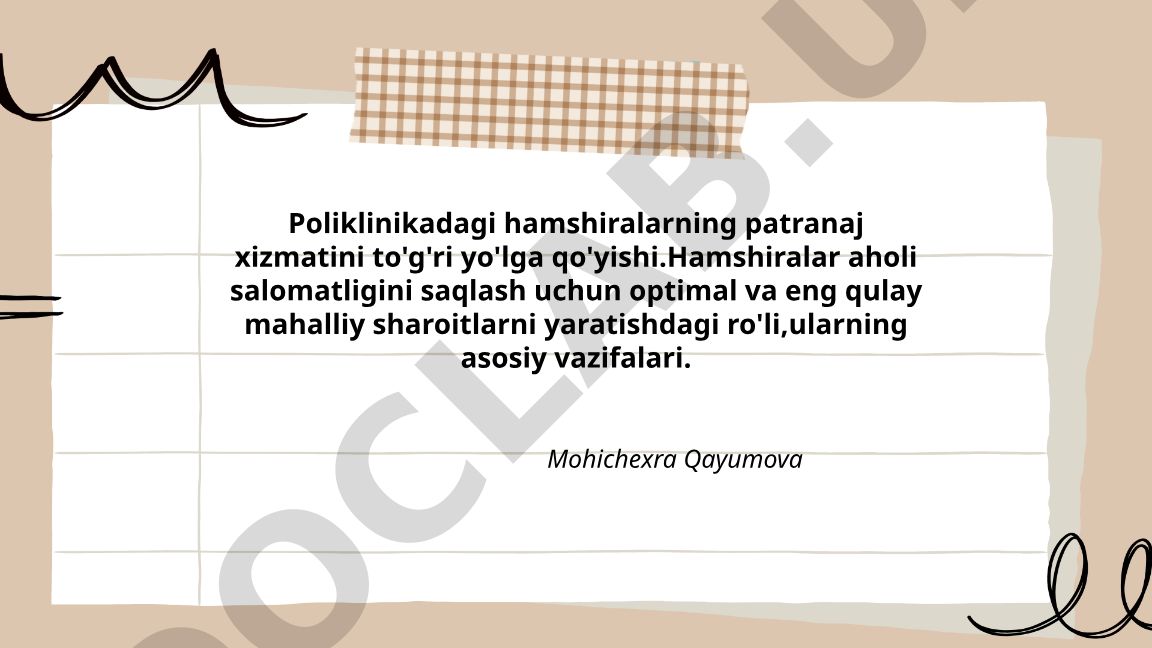 Poliklinikadagi hamshiralarning patranaj xizmatini to'g'ri yo'lga qo'yishi