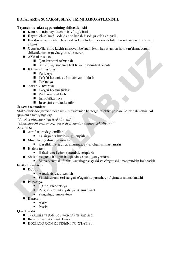 Bolalarda suyak-mushak tizimi jarohatlanishi va shikastlanish mexanizmlari