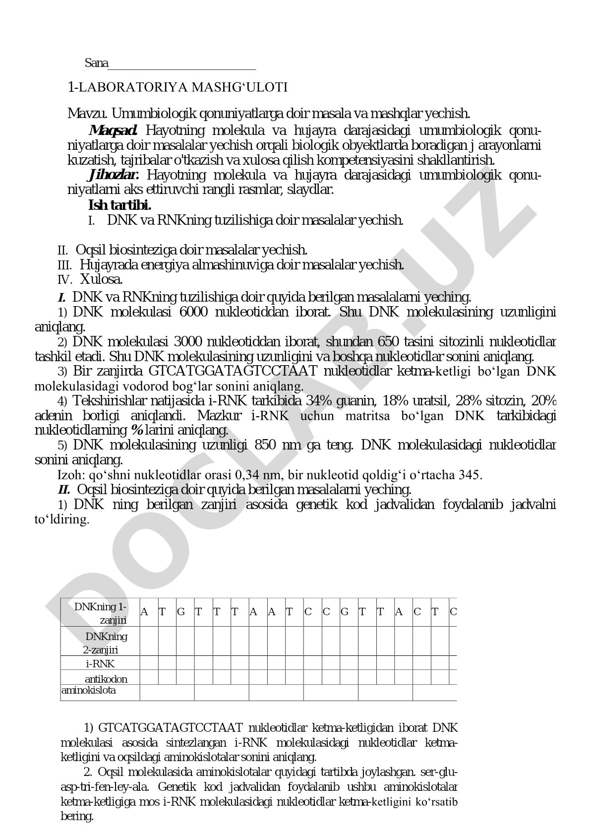 Umumbiologik qonuniyatlarga doir masala va mashqlar yechish