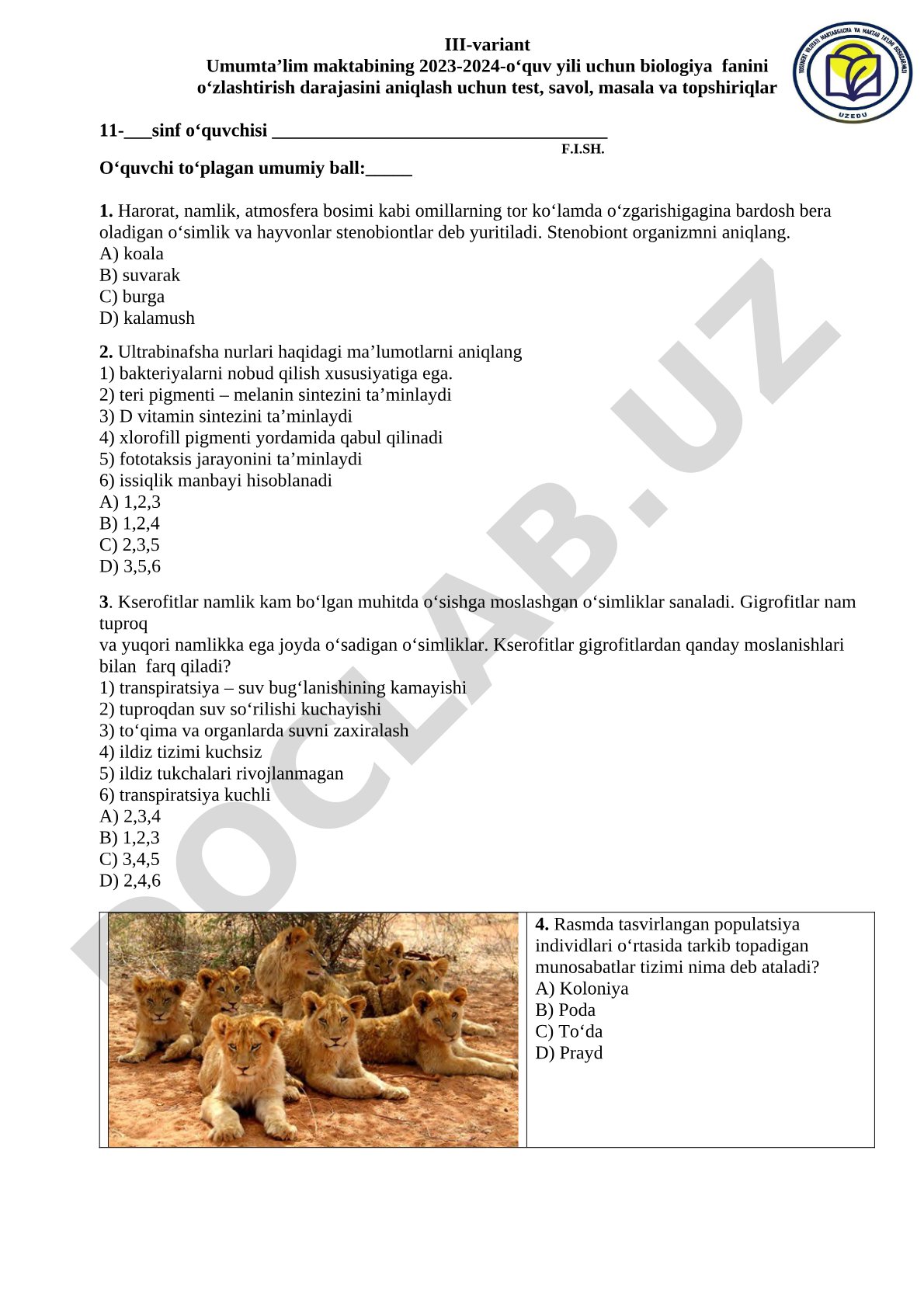 Biologiya fanini o'zlashtirish darajasini aniqlash testi