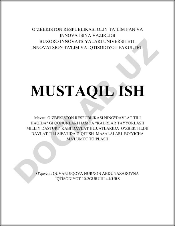 Oʻzbekiston Respublikasining davlat tili haqidagi qonunlari va Kadrlar tayyorlash milliy dasturida o'zbek tilini o'qitish masalalari