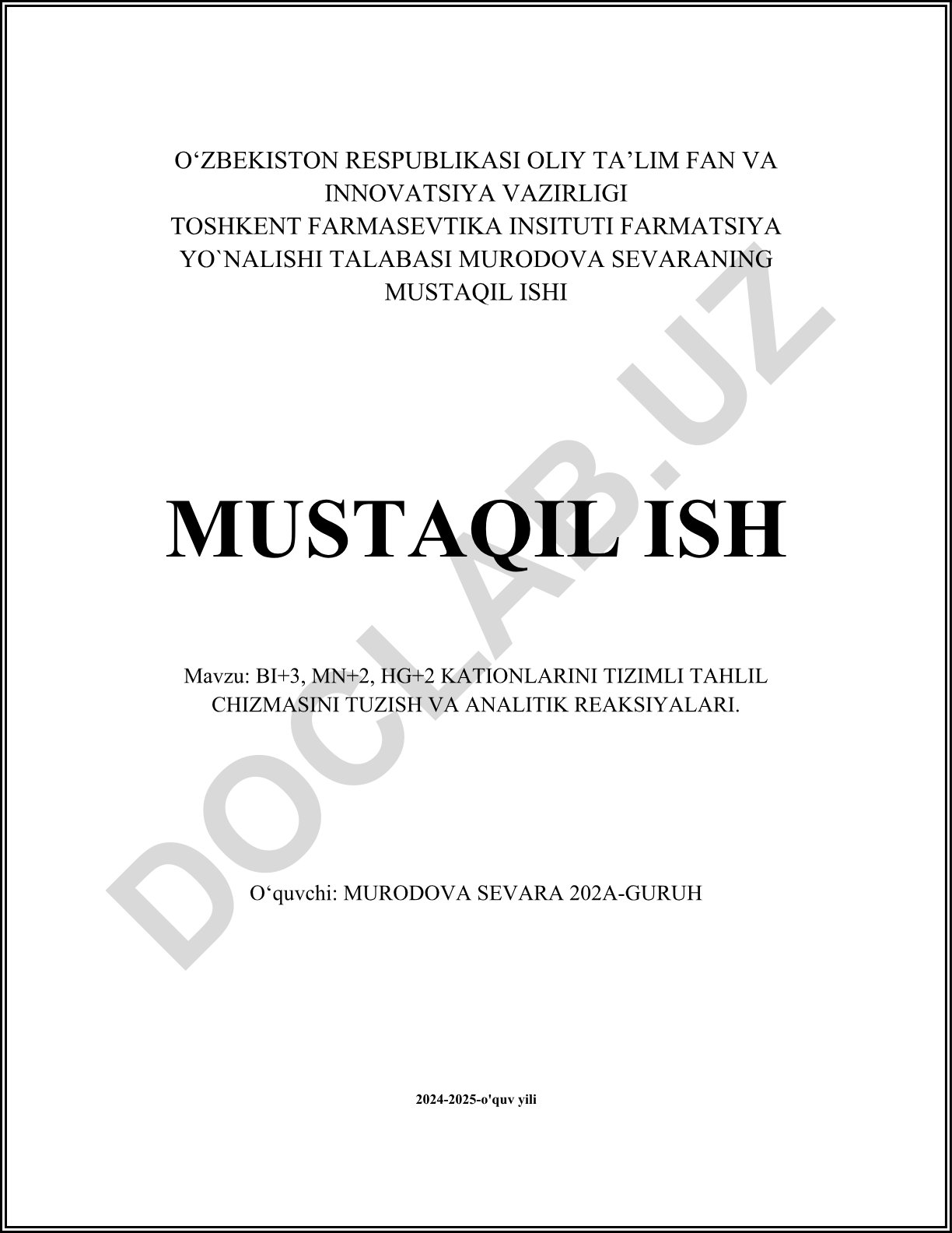 BI+3, MN+2, HG+2 kationlarini tizimli tahlil chizmasini tuzish va analitik reaksiyalari