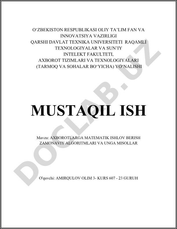 Axborotlarga matematik ishlov berish zamonaviy algoritmlari va unga misollar