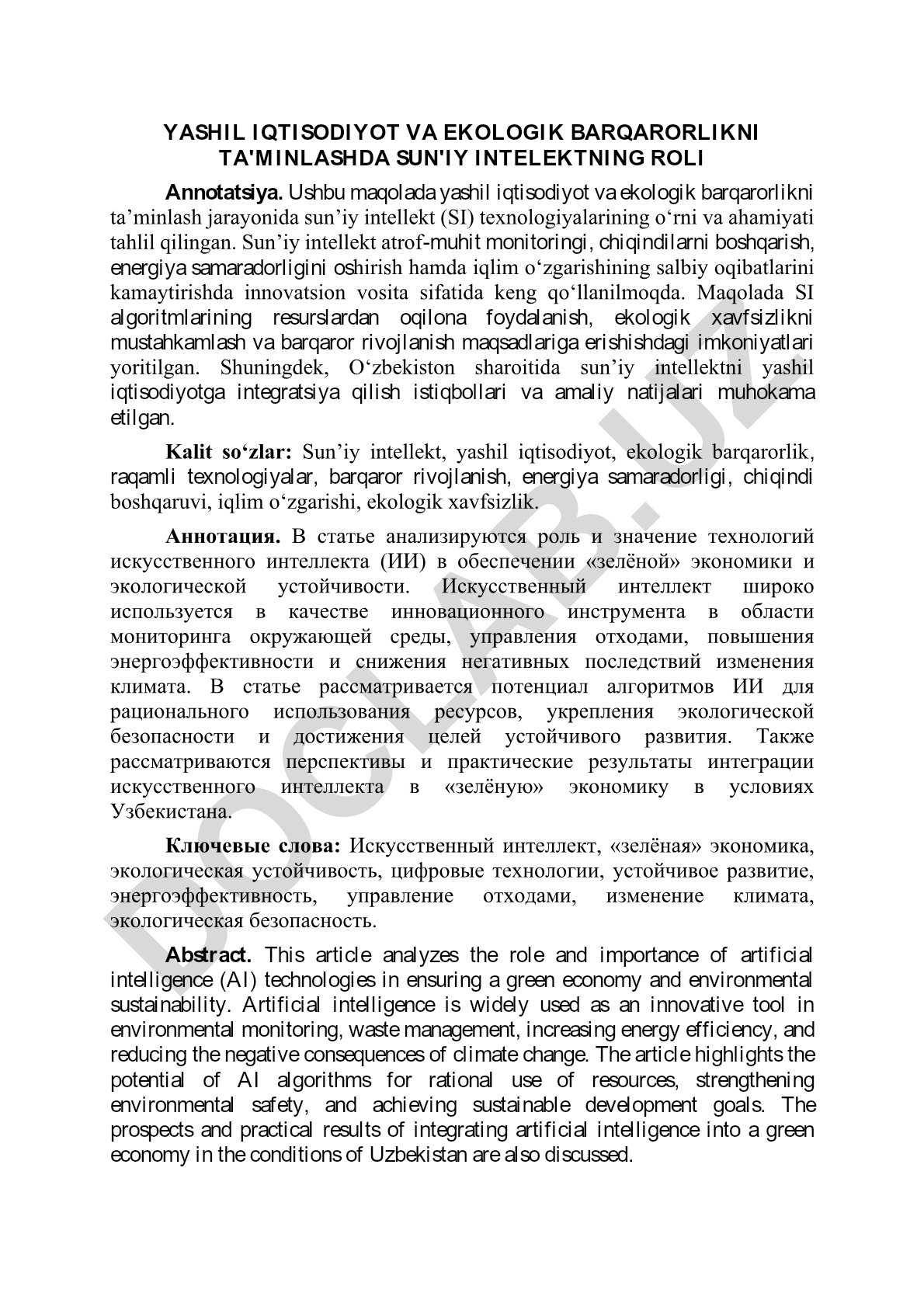 Yashil iqtisodiyot va ekologik barqarorlikni ta'minlashda sun'iy intellektning roli