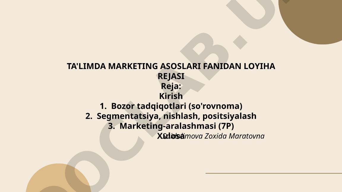 Ta'limda marketing asoslari fanidan loyiha rejasi