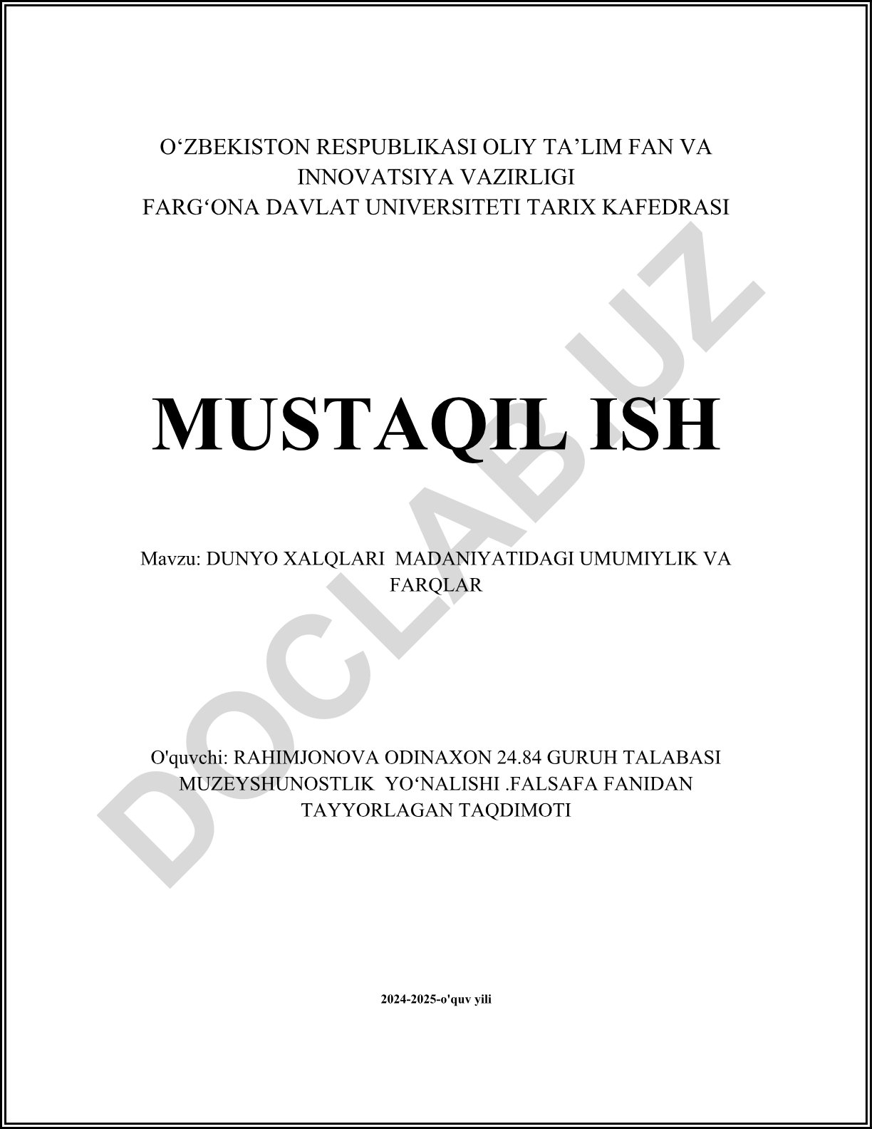 Dunyo xalqlari madaniyatidagi umumiy va farqli jihatlar