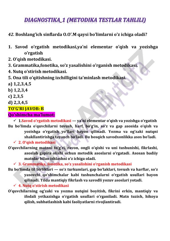 Boshlang'ich sinflarda ona tili o'qitish metodikasining bo'limlari