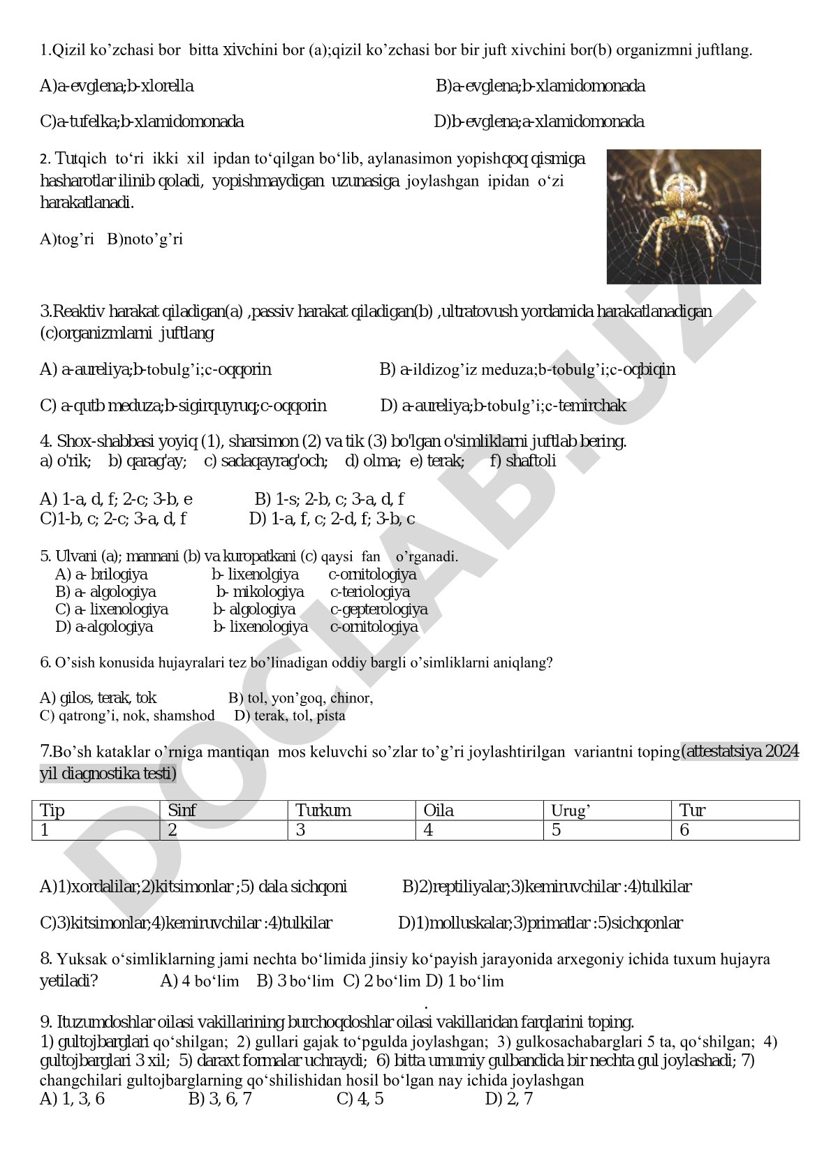 Biologiya fanidan organizmlar va o'simliklar test savollari