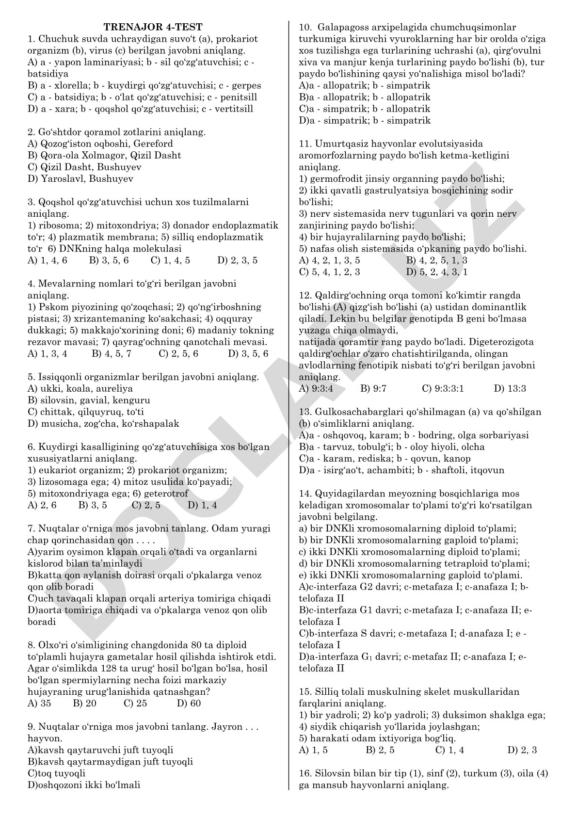 Biologiya fanidan test savollari