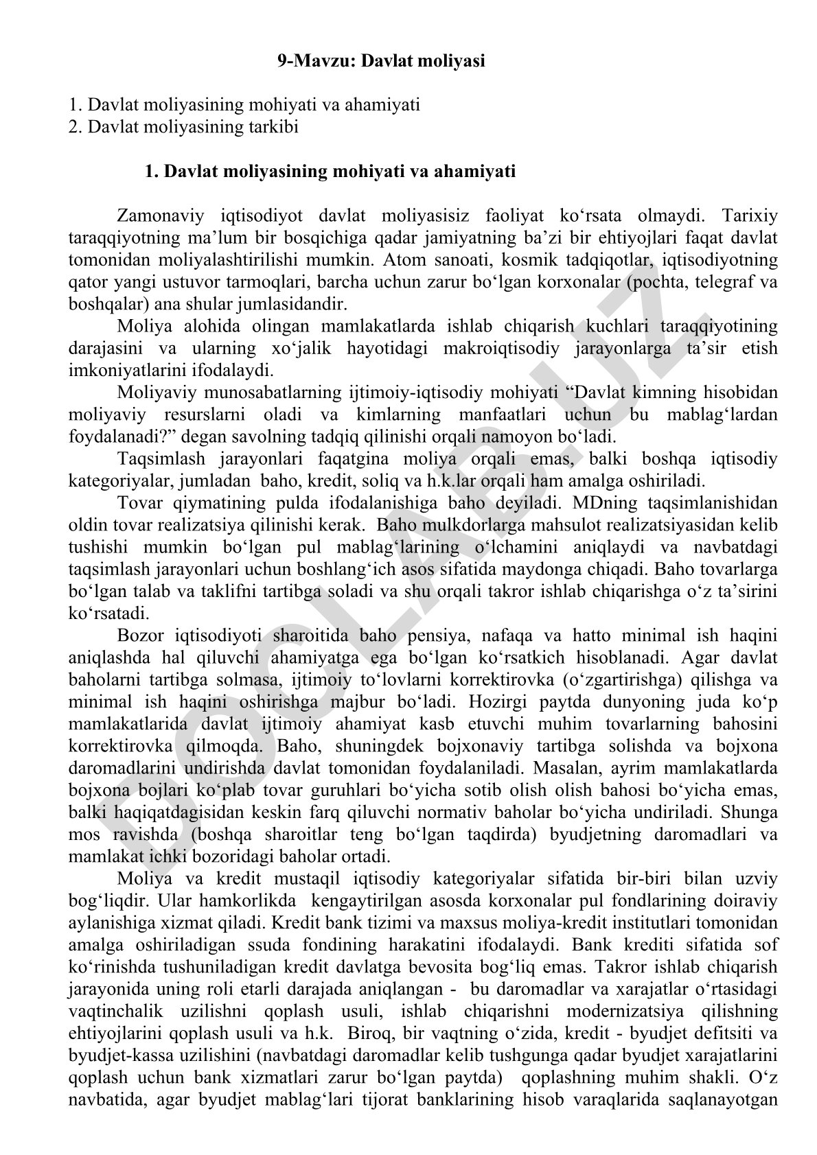 Davlat moliyasining mohiyati va ahamiyati
