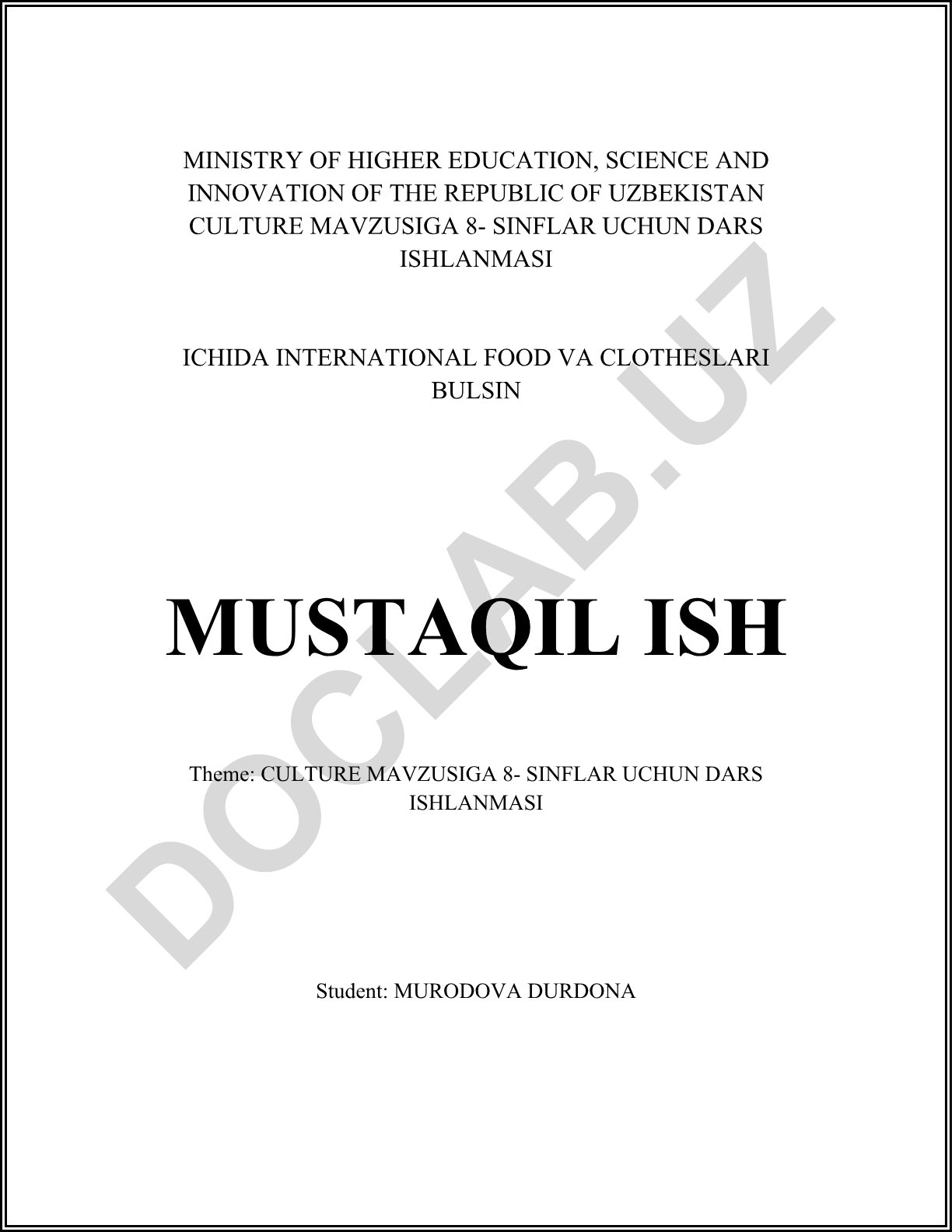 Culture mavzusiga 8-sinflar uchun dars ishlanmasi