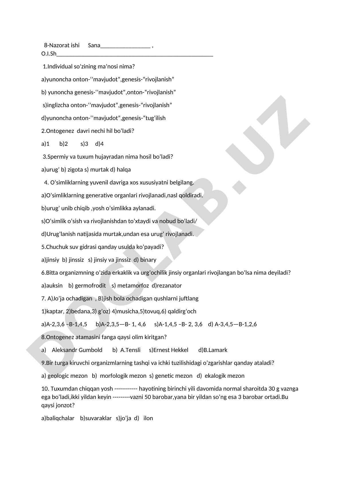 Ontogenez va ko'payish usullari
