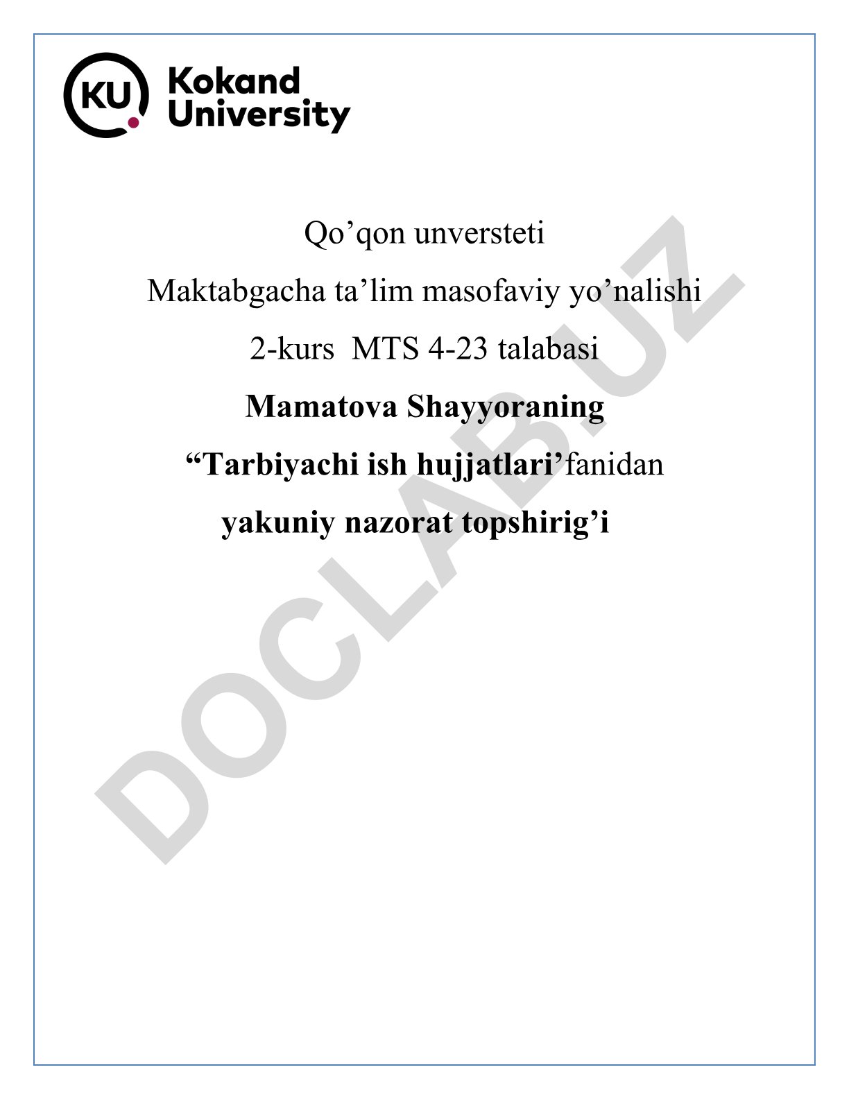 MTT tarbiyachisi sifatida bir kunlik to‘liq faoliyatni rejalashtirish va modellashtirish