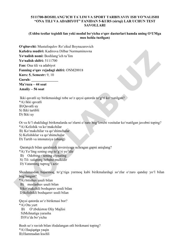 Boshlang'ich ta'limda ona tili va adabiyot fanidan test savollari