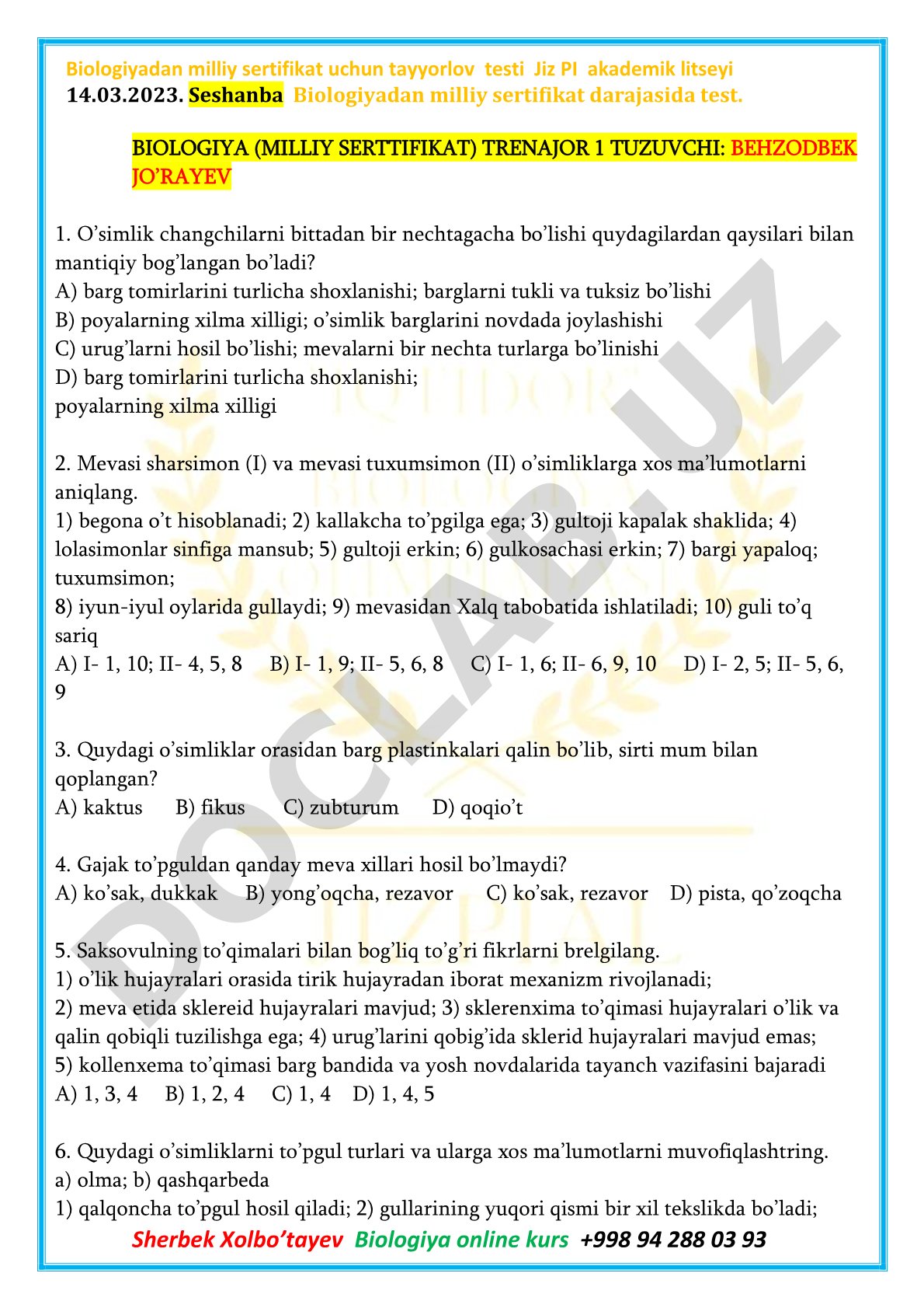 Biologiyadan milliy sertifikat uchun tayyorlov testi