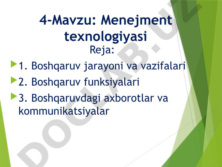 Menejment texnologiyasi: boshqaruv jarayoni, funksiyalari va kommunikatsiyalar