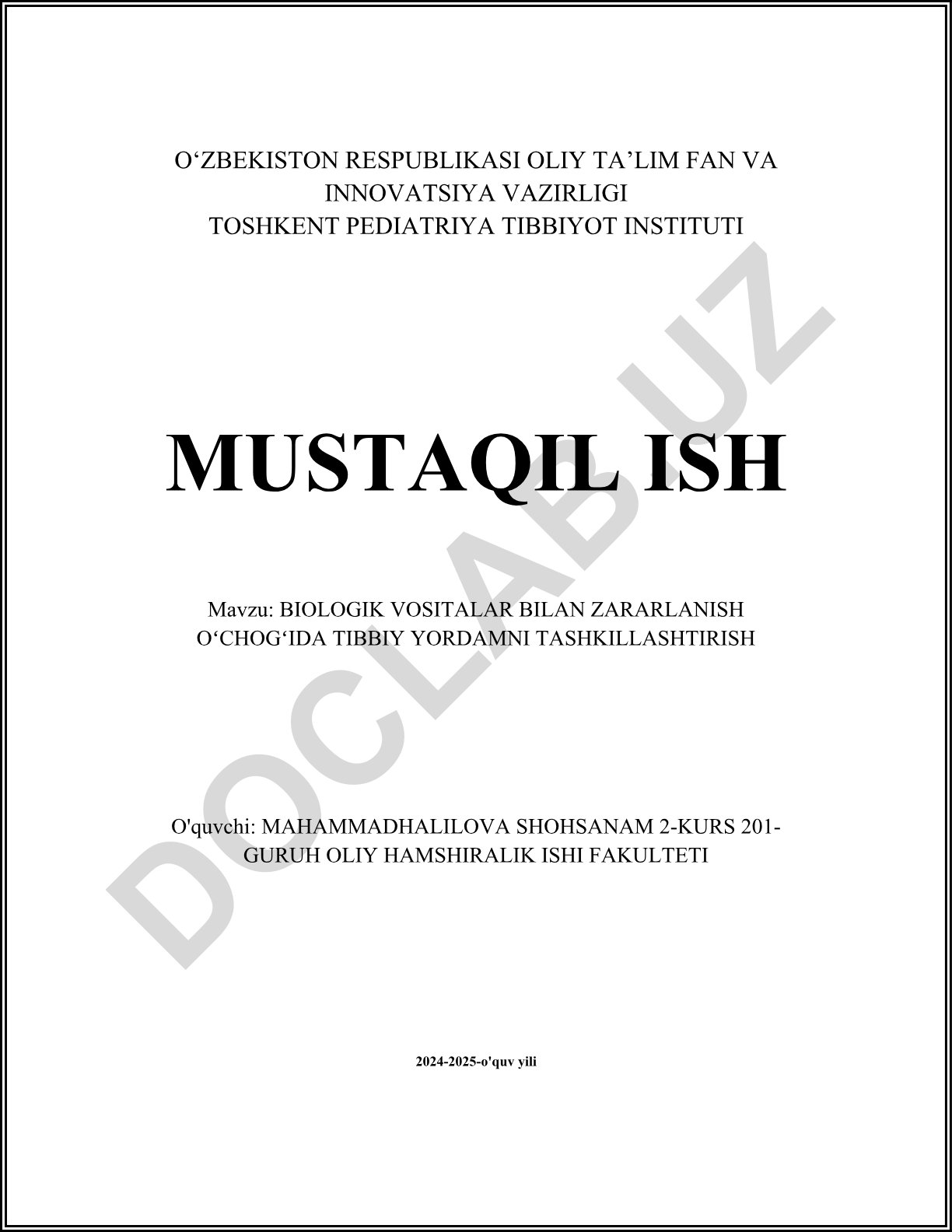 Biologik vositalar bilan zararlanish o'chog'ida tibbiy yordamni tashkilashtirish