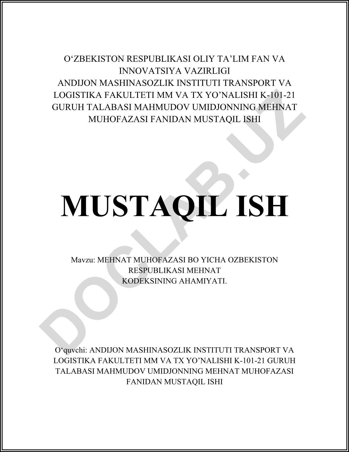 Mehnat muhofazasi bo'yicha O'zbekiston Respublikasi Mehnat kodeksining ahamiyati