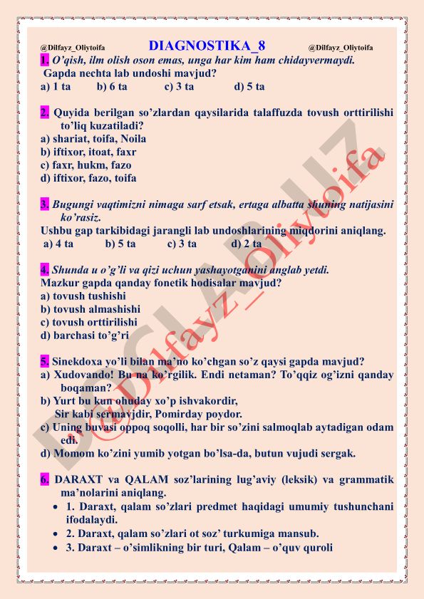 O'zbek tili diagnostik testi savollari