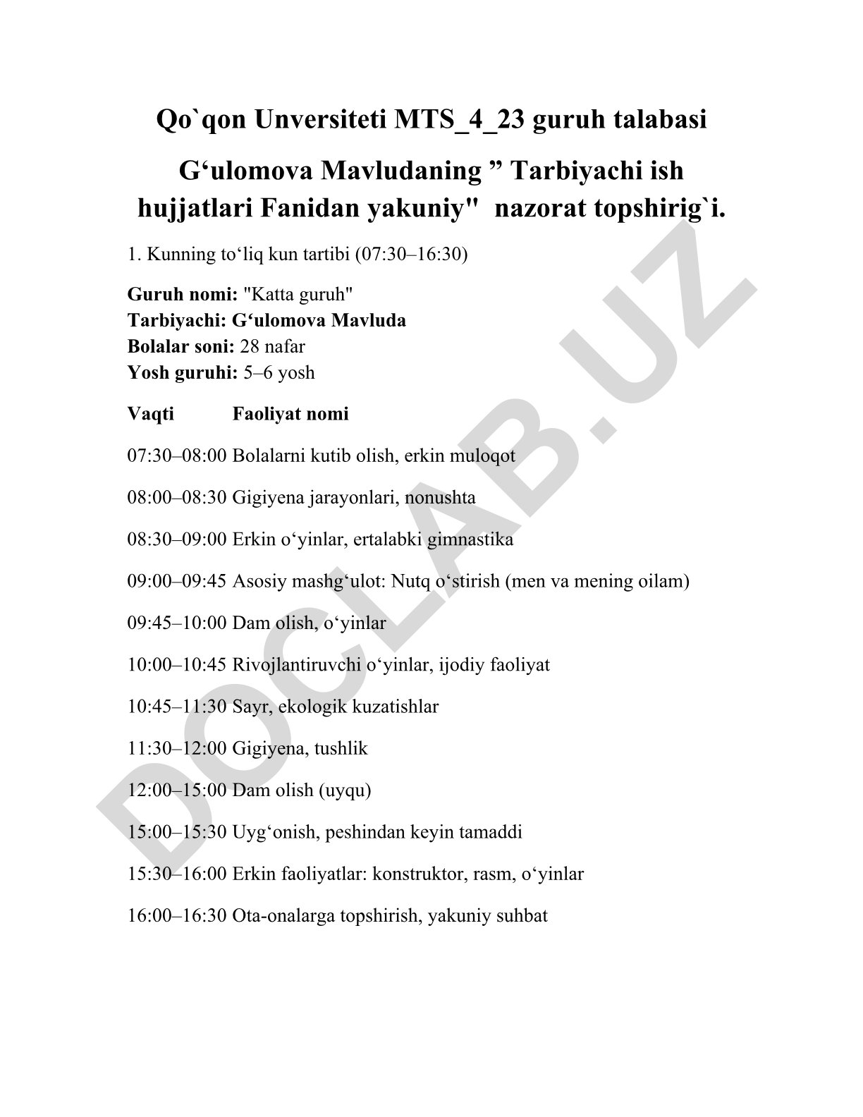 Katta guruh (5-6 yosh) uchun kun tartibi va tarbiyaviy faoliyatlar