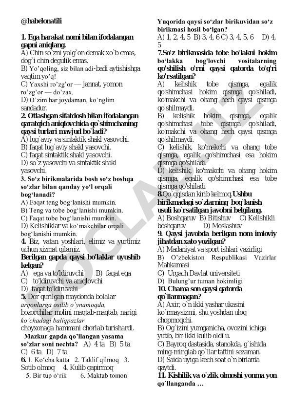 O'zbek tili test savollari va javoblari
