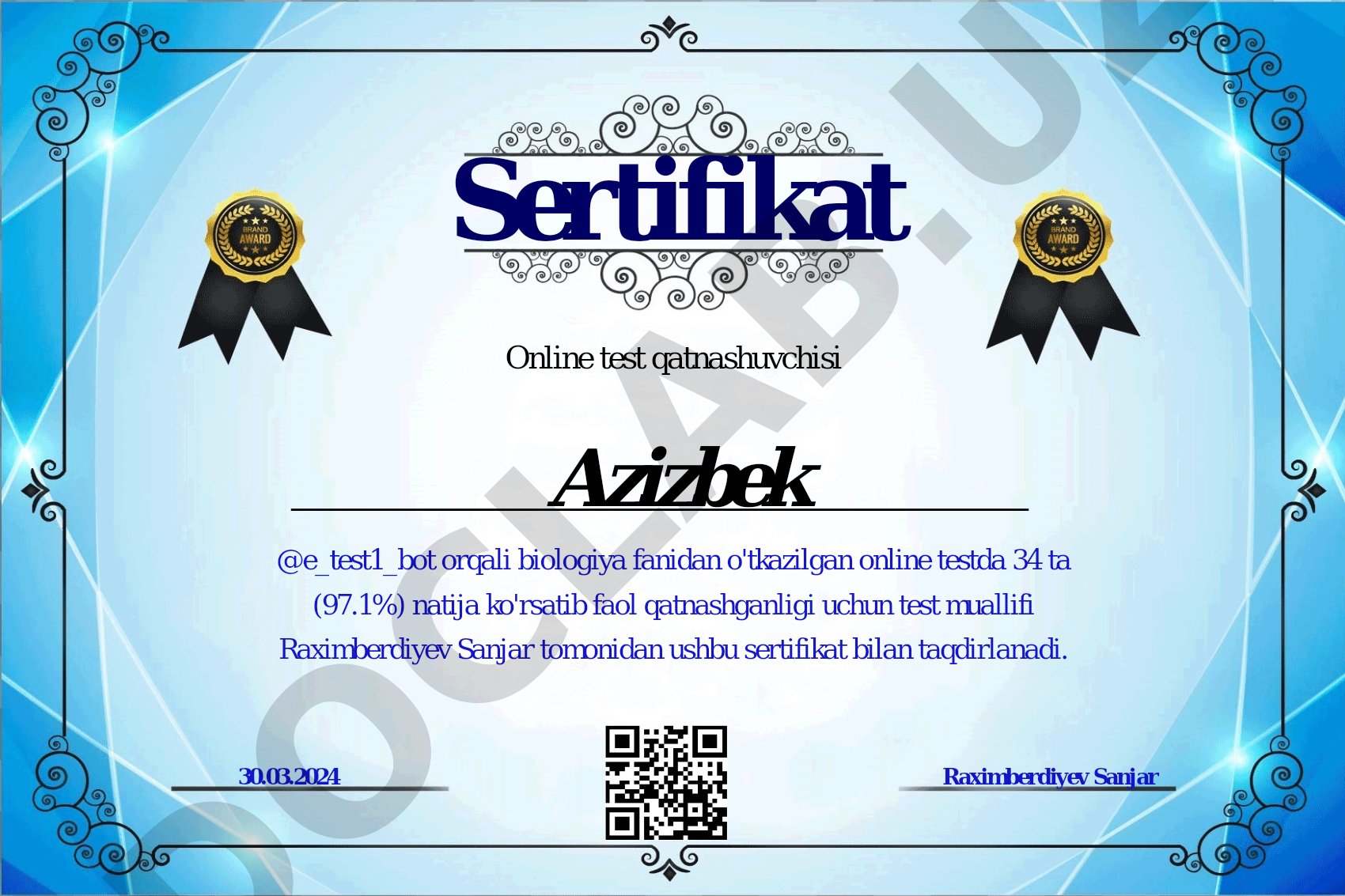 Biologiya fanidan online test qatnashuvchilari sertifikatlari