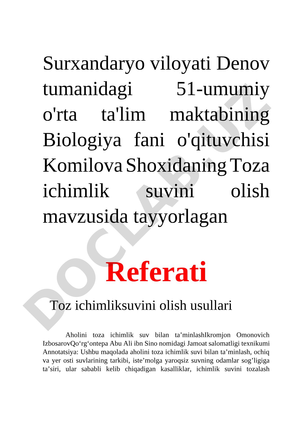 Toza ichimlik suvini olish usullari