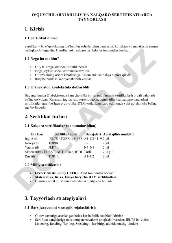O‘quvchilarni milliy va xalqaro sertifikatlarga tayyorlash