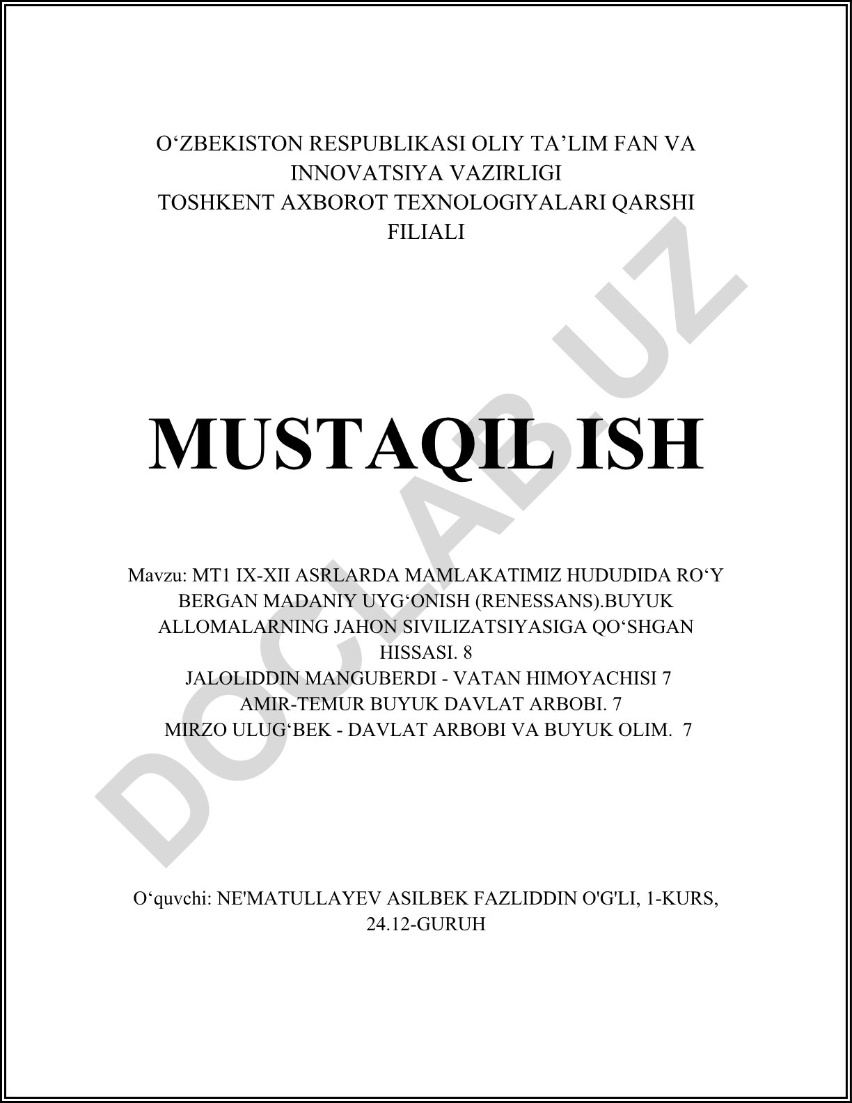 IX-XII asrlarda Movarounnahrda madaniy uyg'onish va buyuk allomalar