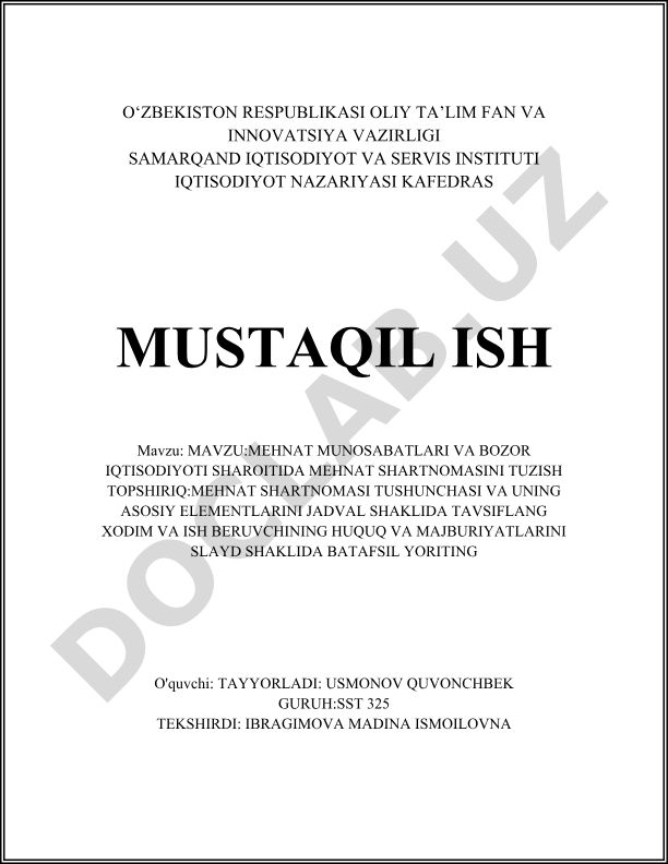 Mehnat munosabatlari va bozor iqtisodiyoti sharoitida mehnat shartnomasini tuzish