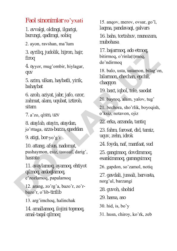 O'zbek tilidagi faol sinonimlar ro'yxati