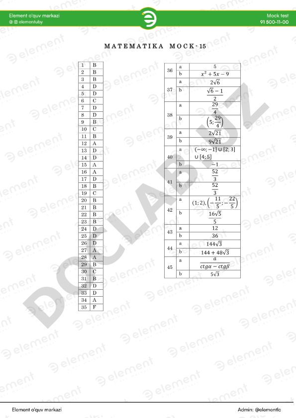 Matematika test savollari va javoblari
