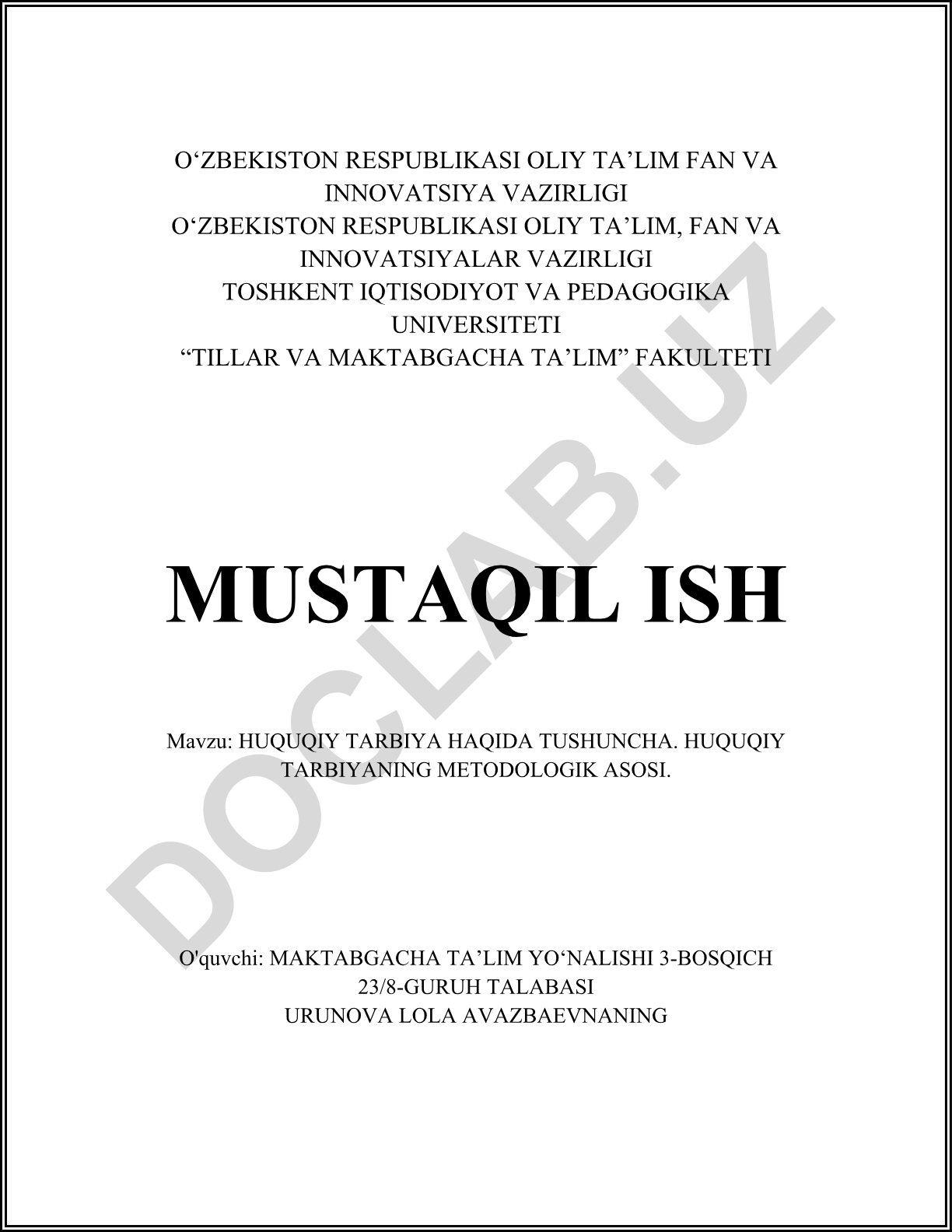Huquqiy tarbiya tushunchasi va metodologik asoslari