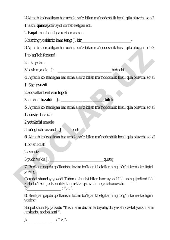 O'zbek tilida ma'nodoshlik va tinish belgilari mashqlari