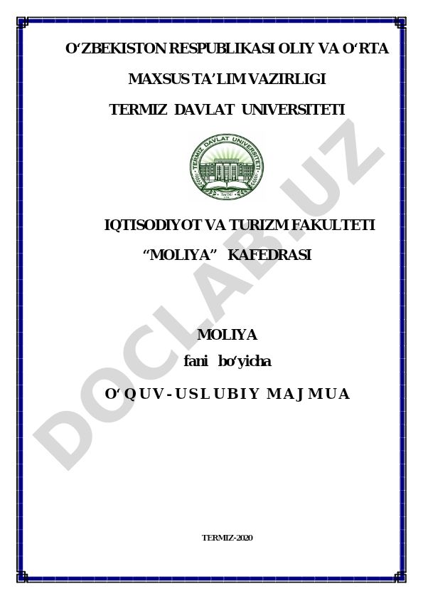 Moliya fanidan o'quv-uslubiy majmua