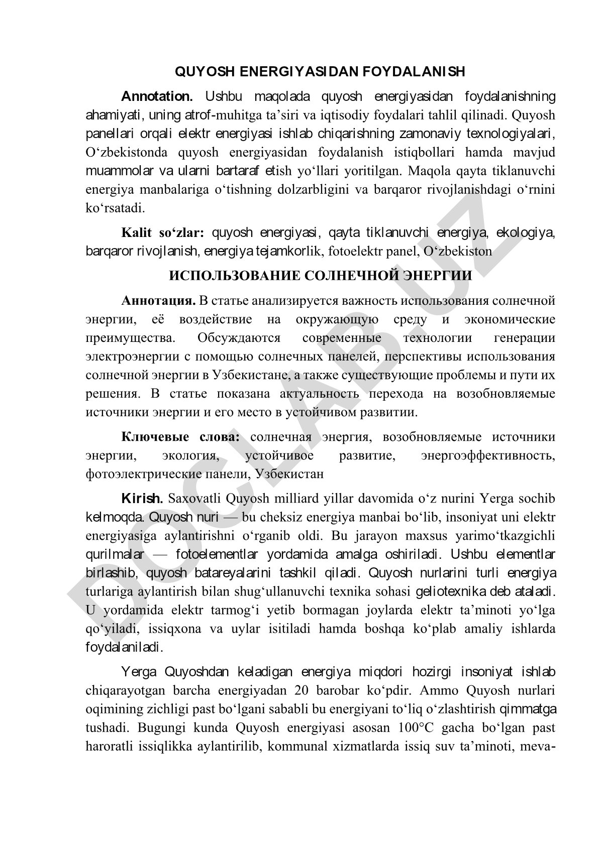 Quyosh energiyasidan foydalanishning ahamiyati va istiqbollari
