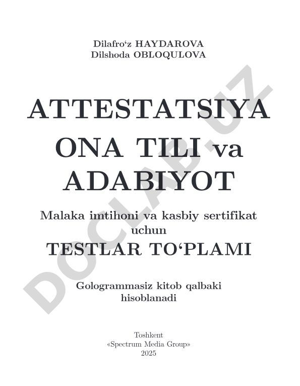Ona tili va adabiyot fanidan attestatsiya testlari to'plami