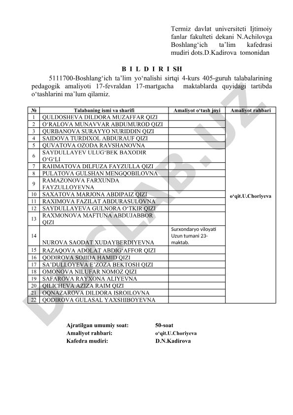 Boshlang'ich ta'lim yo'nalishi talabalarining pedagogik amaliyoti tartibi