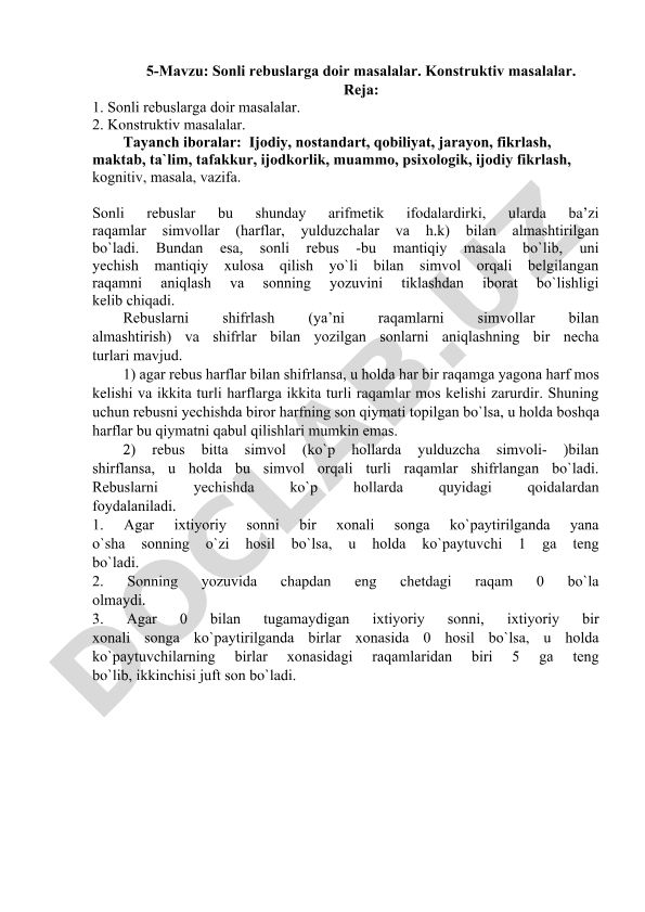 Sonli rebuslarga doir masalalar va konstruktiv masalalar