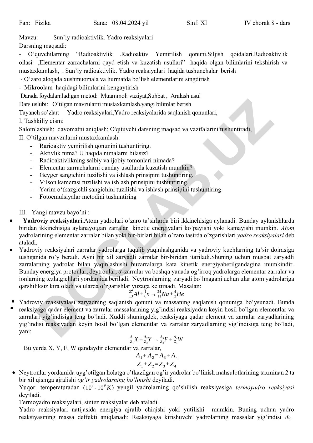 Sun’iy radioaktivlik. Yadro reaksiyalari