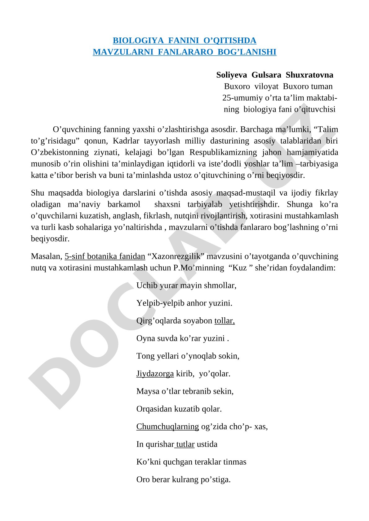 Biologiya fanini o'qitishda mavzularni fanlararo bog'lanishi