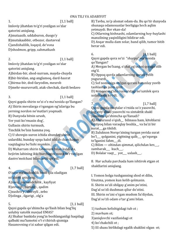 Ona tili va adabiyot fanidan test savollari