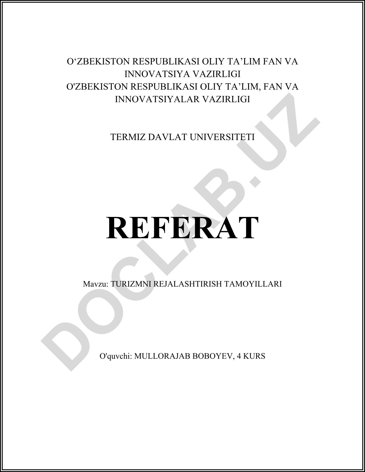 Turizmni rejalashtirish tamoyillari