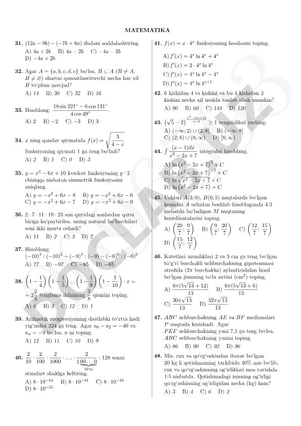 Matematika test savollari to'plami
