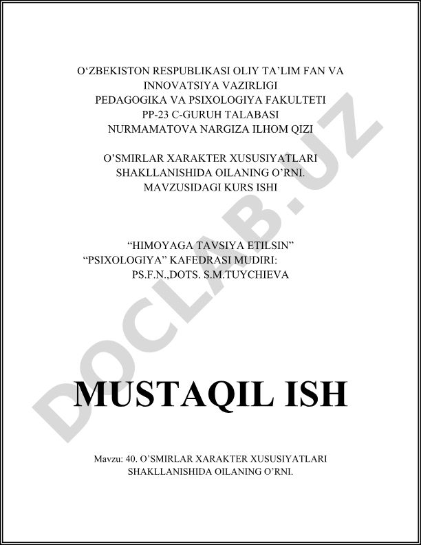 O'smirlar xarakter xususiyatlari shakllanishida oilaning o'rni