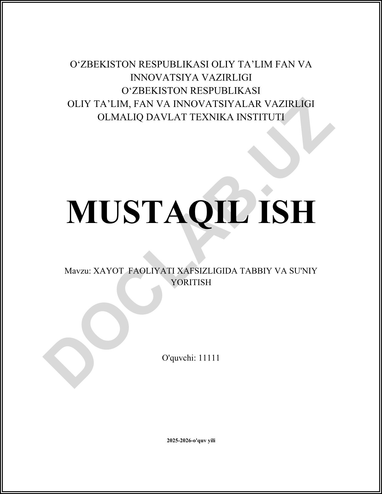 XAYOT FAOLIYATI XAFSIZLIGIDA TABBIY VA SU'NIY YORITISH
