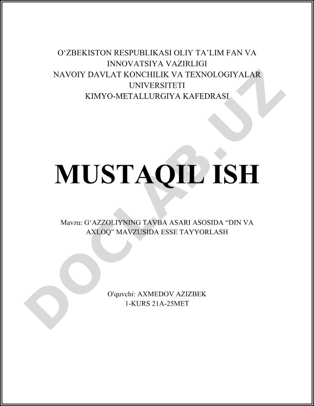 Gʻazzoliyning Tavba asari asosida Din va Axloq mavzusida esse