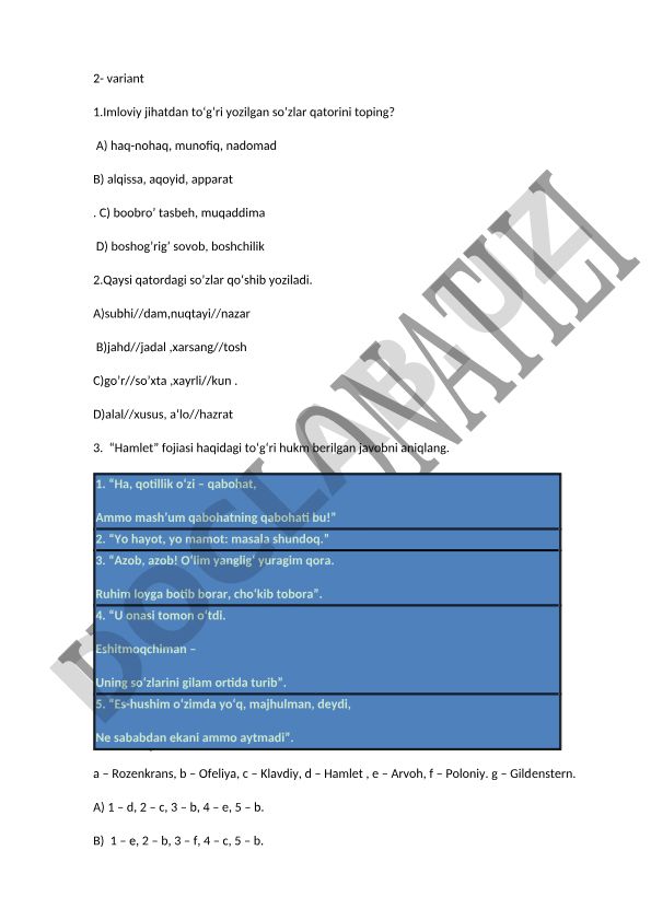 O'zbek tili imlovi va adabiyot test savollari