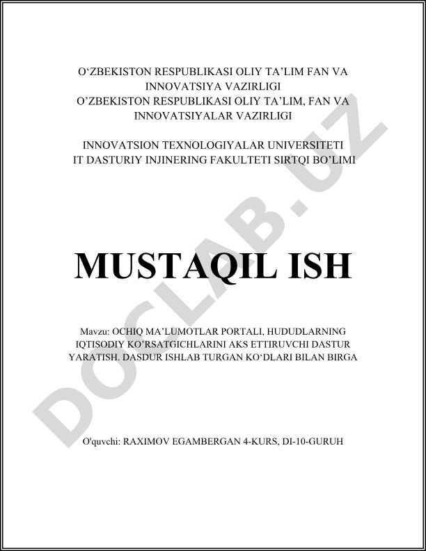 Ochiq ma'lumotlar portali, hududlarning iqtisodiy ko'rsatgichlarini aks ettiruvchi dastur yaratish